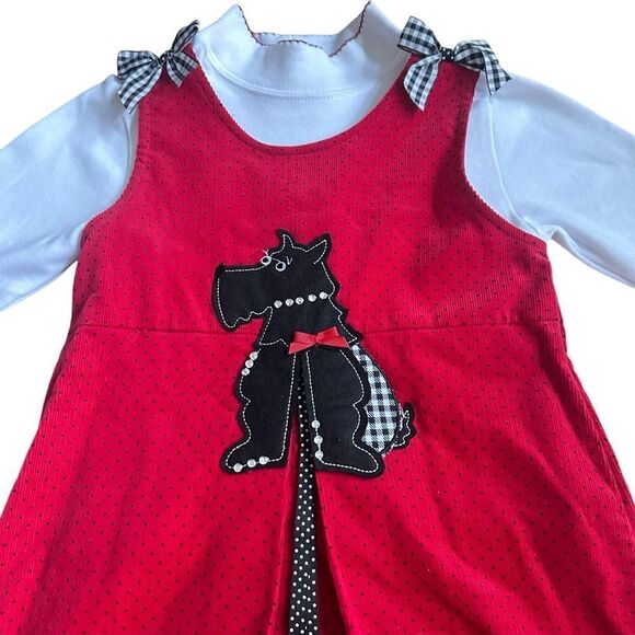Rare Edition Girl 5 Red Corduroy Jumper Dress Gingham Bow Scotty Dog Appliqué - Picture 2 of 11